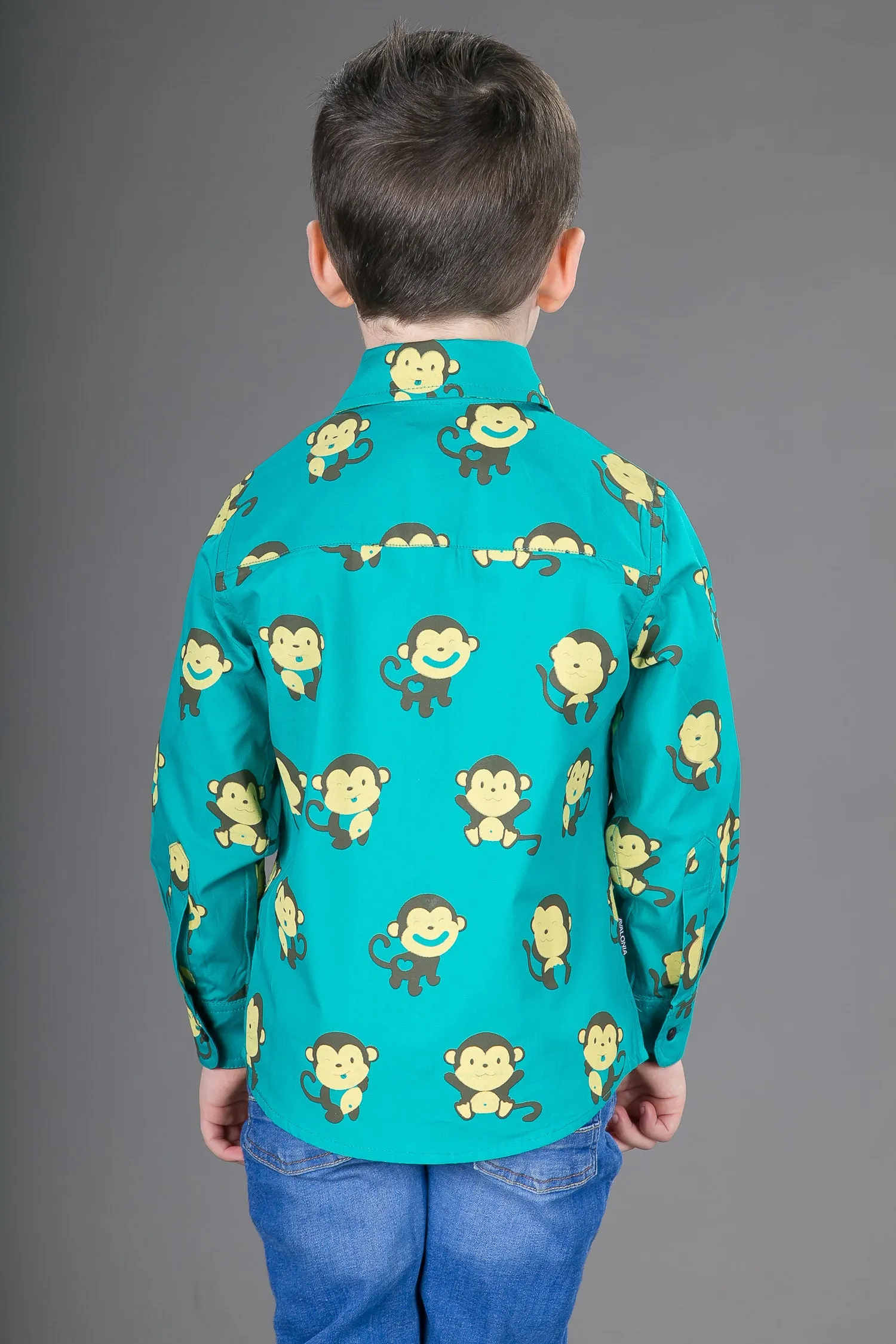 Boys Cotton Green Monkey Long Sleeve Shirt