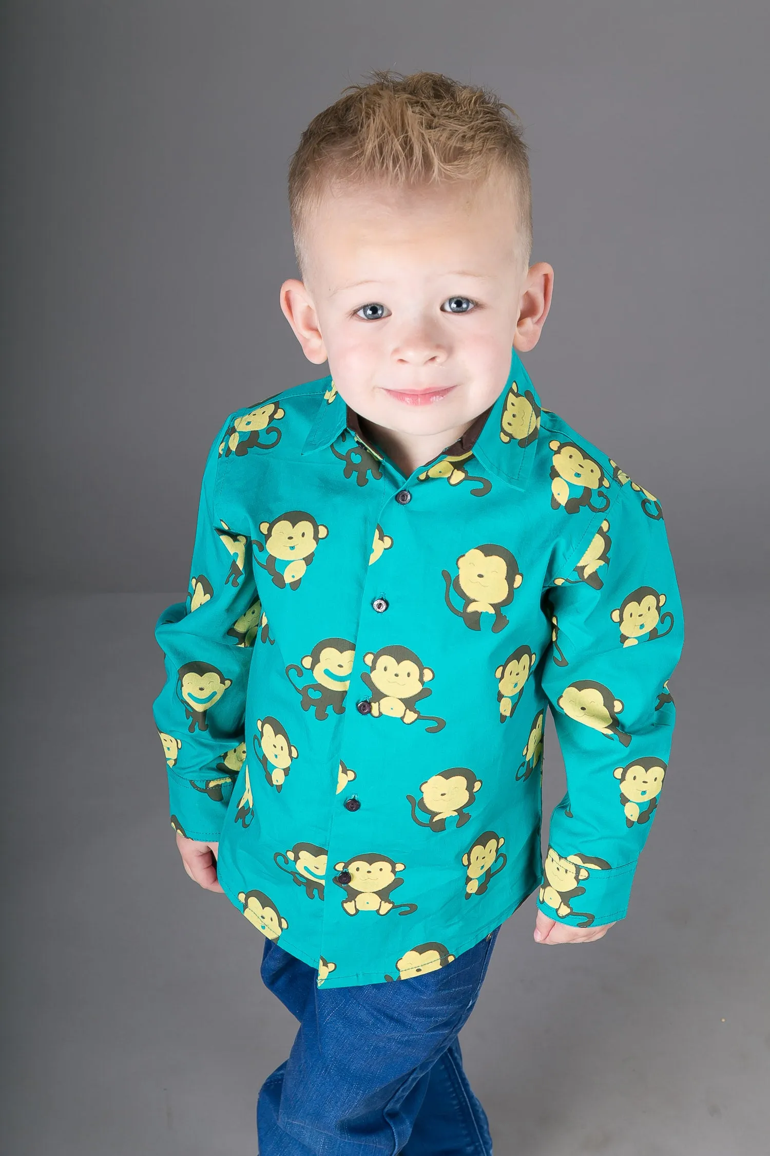 Boys Cotton Green Monkey Long Sleeve Shirt