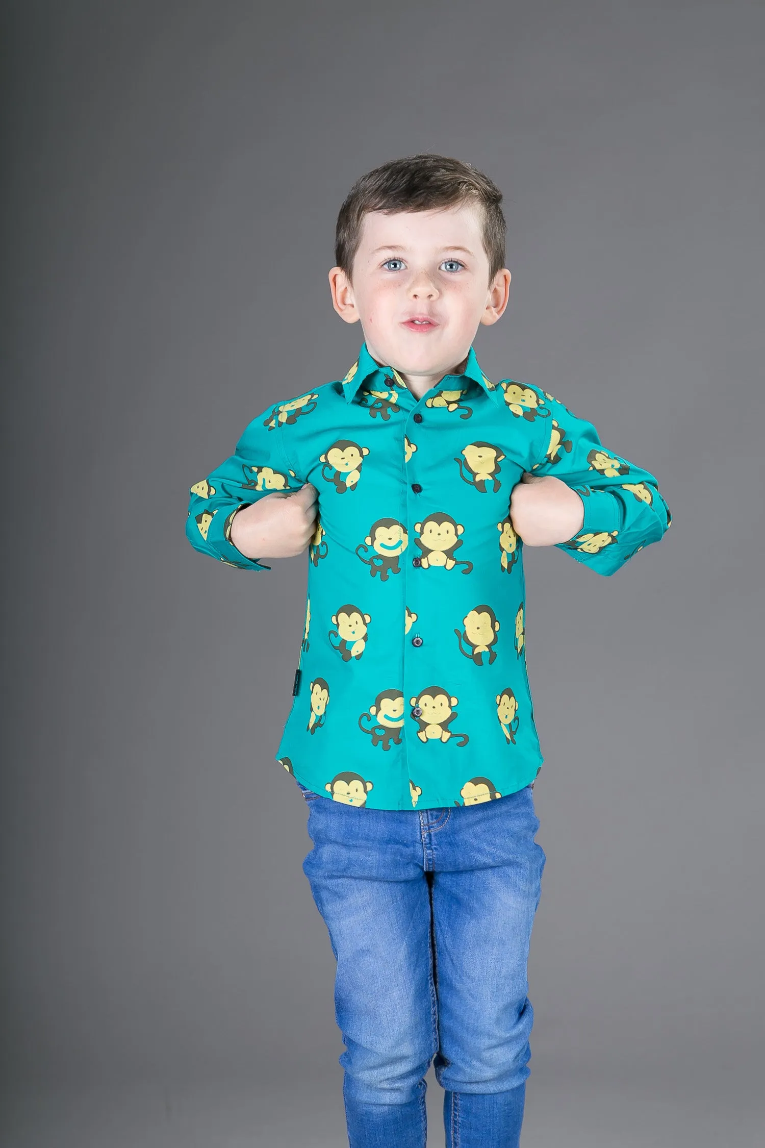 Boys Cotton Green Monkey Long Sleeve Shirt