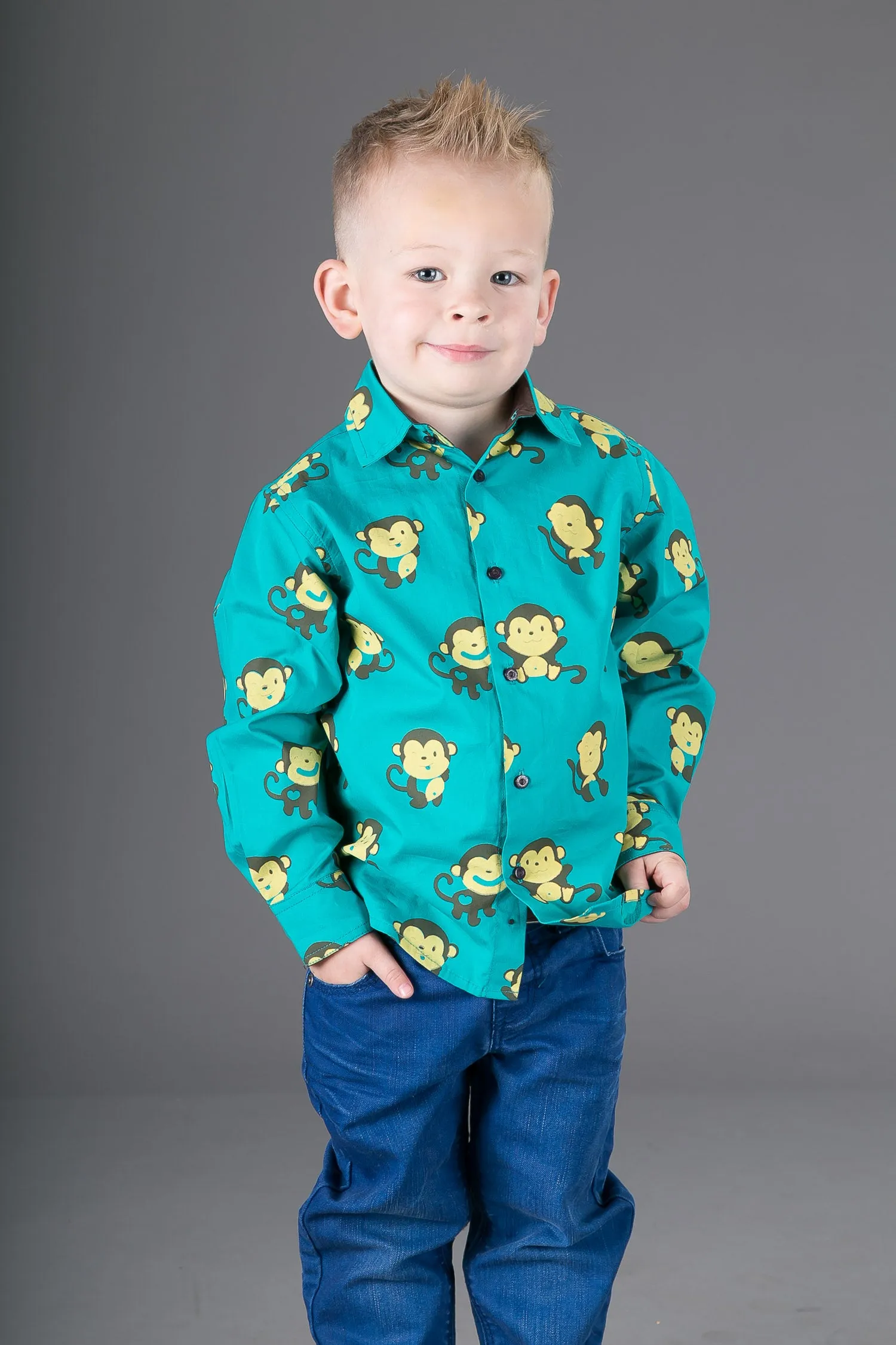 Boys Cotton Green Monkey Long Sleeve Shirt