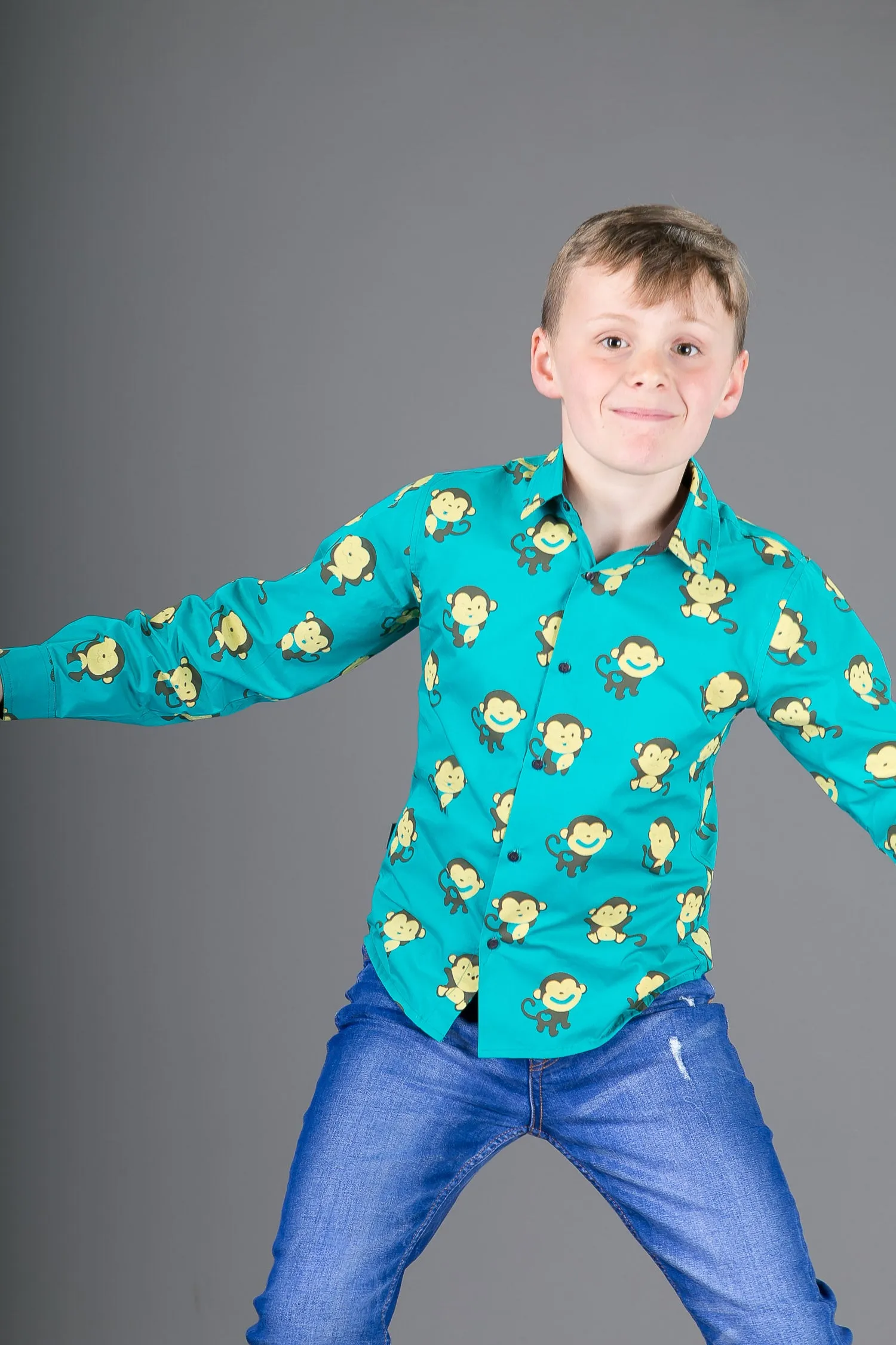 Boys Cotton Green Monkey Long Sleeve Shirt