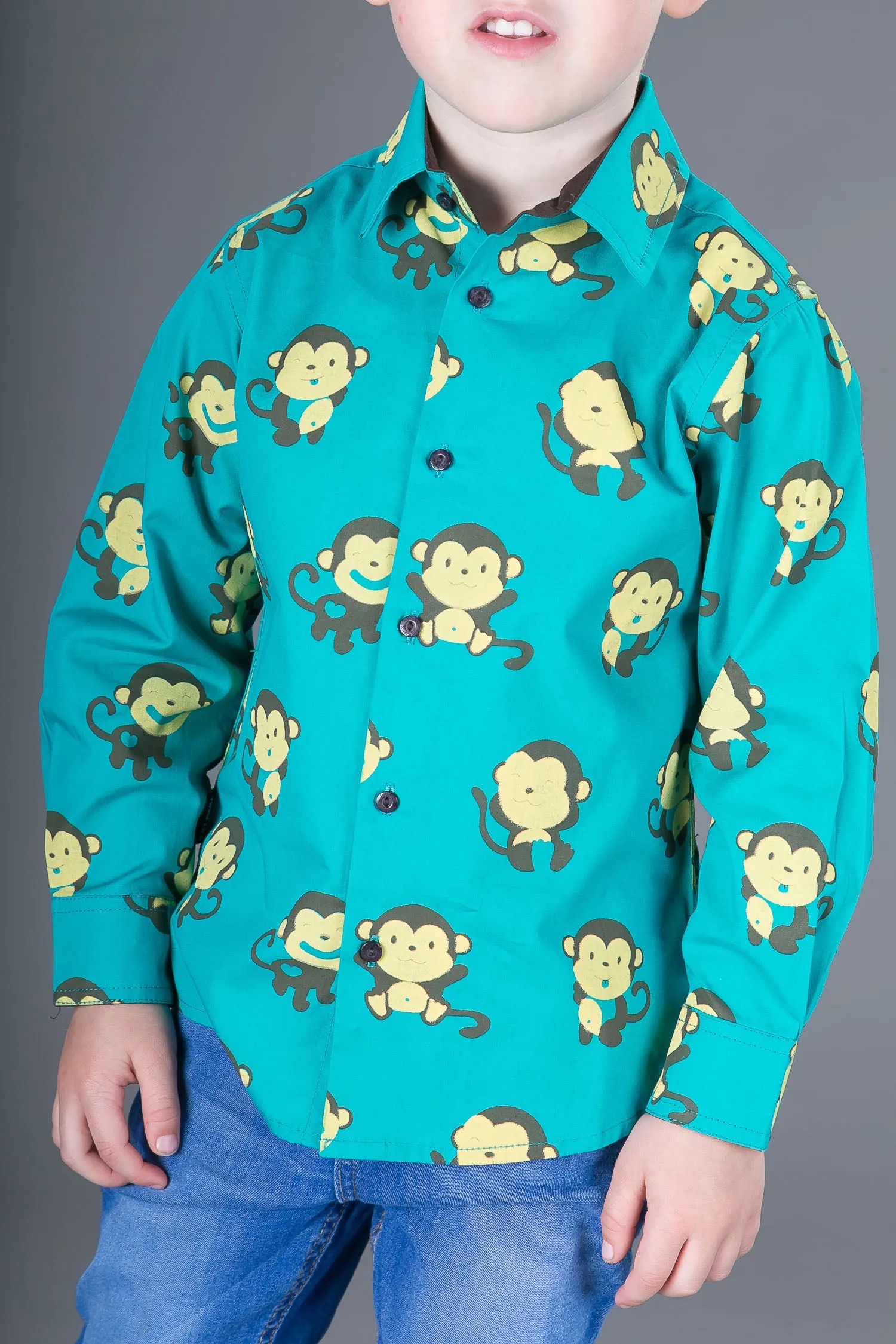 Boys Cotton Green Monkey Long Sleeve Shirt