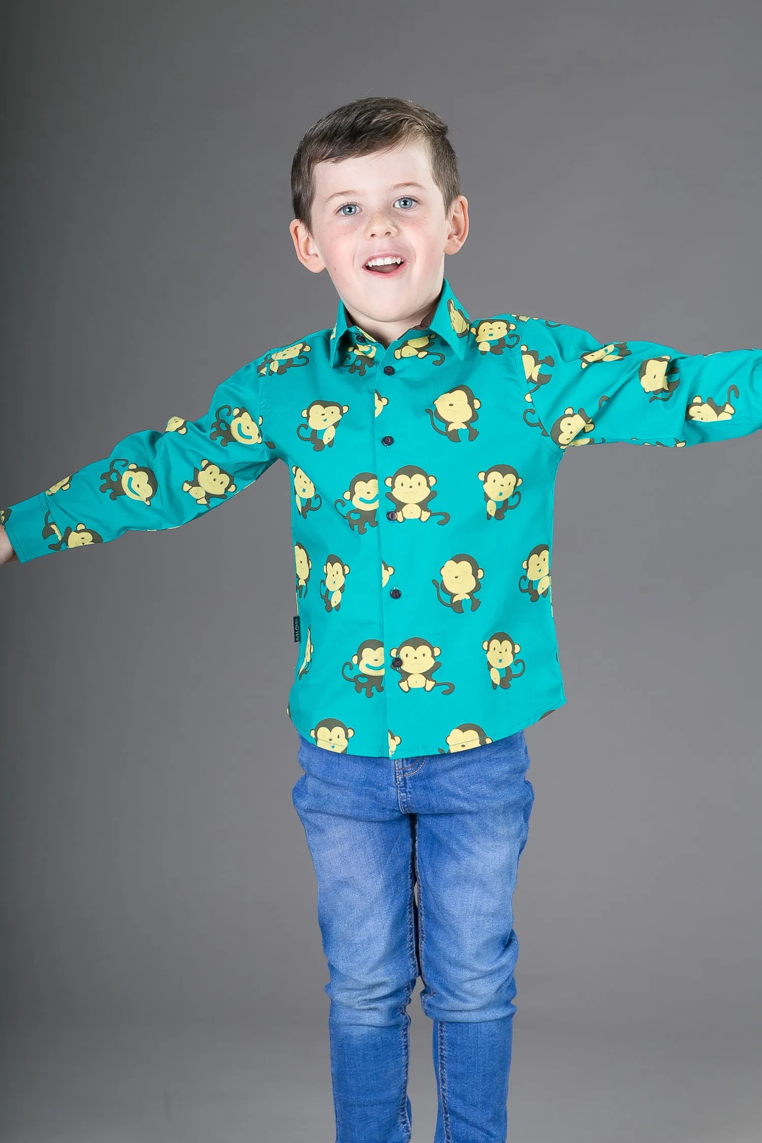 Boys Cotton Green Monkey Long Sleeve Shirt