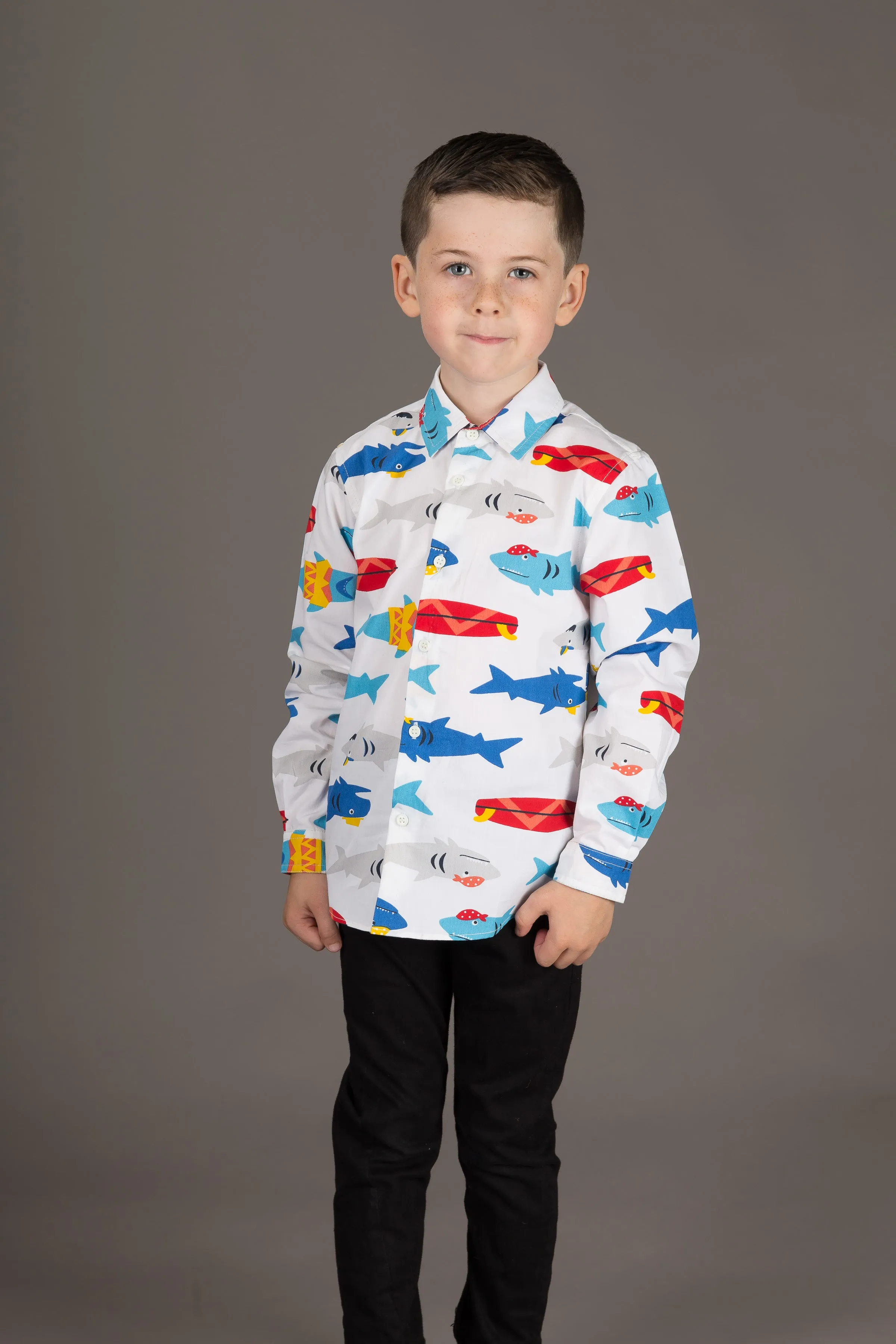 Boys Cotton Shark White Print Long Sleeve Shirt