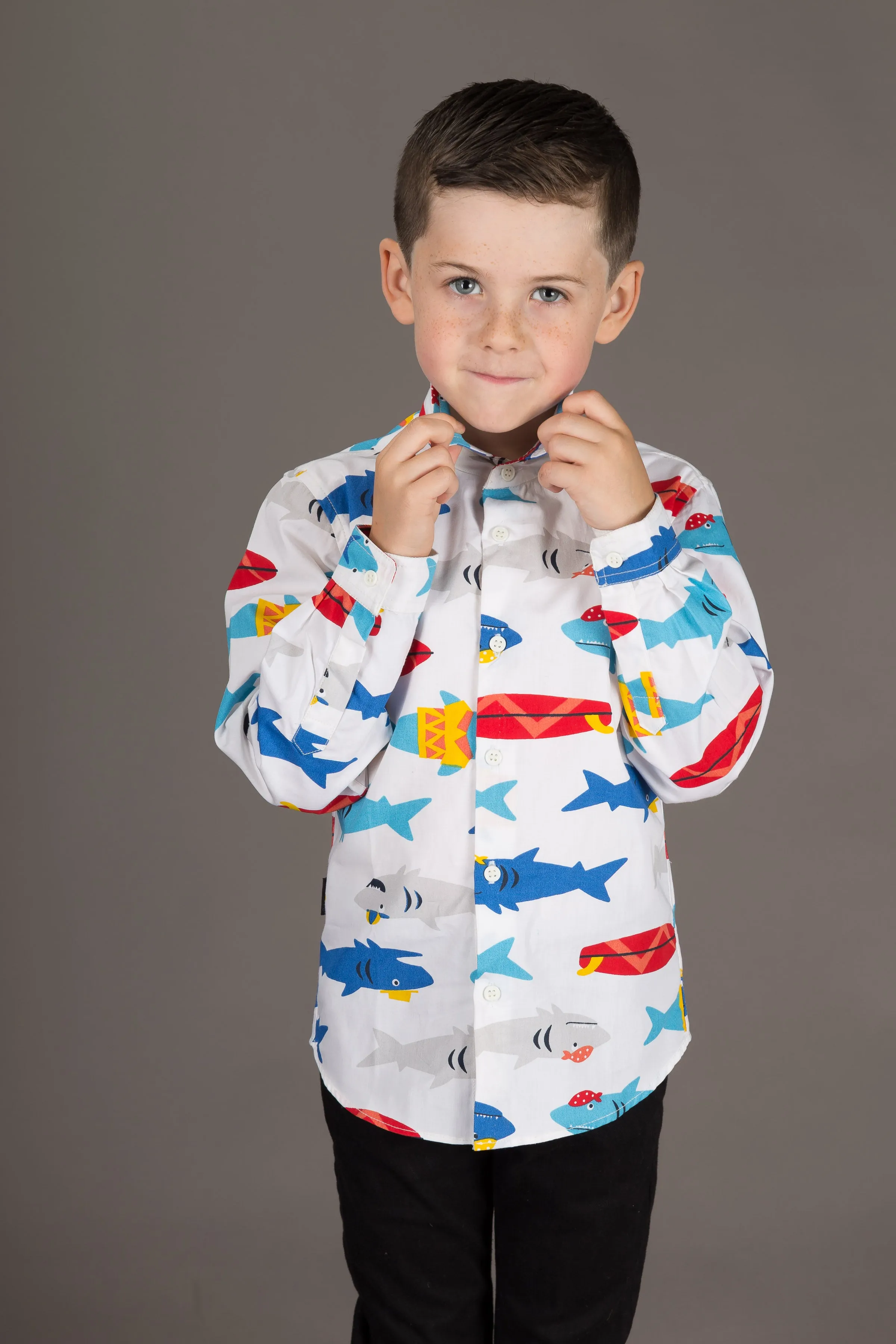 Boys Cotton Shark White Print Long Sleeve Shirt