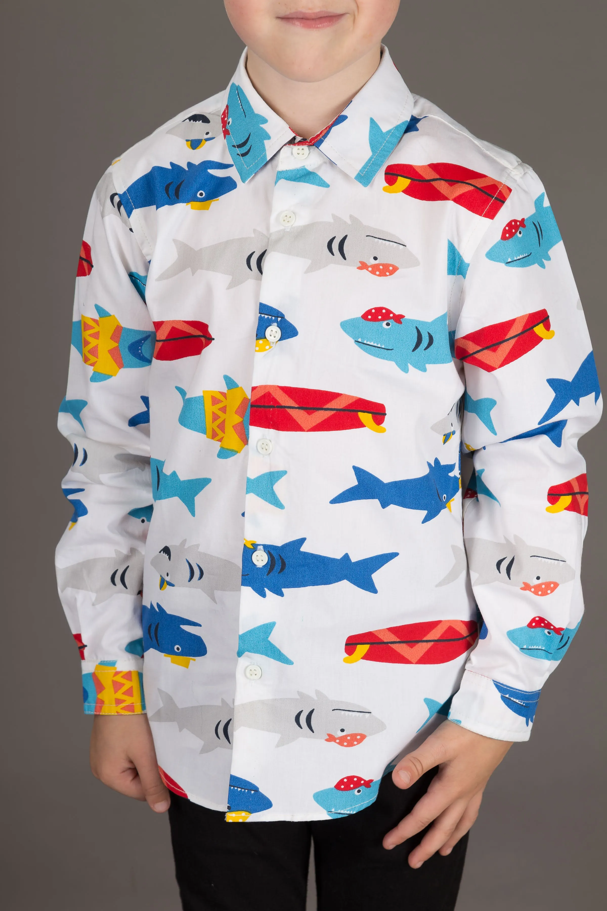 Boys Cotton Shark White Print Long Sleeve Shirt