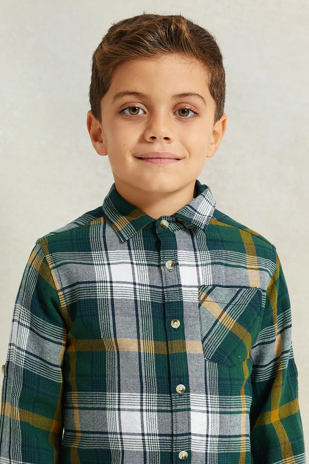 Boys Green And White Check Long Sleeve Shirt With T-Shirt Set