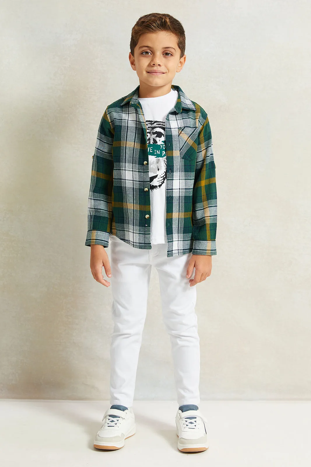 Boys Green And White Check Long Sleeve Shirt With T-Shirt Set