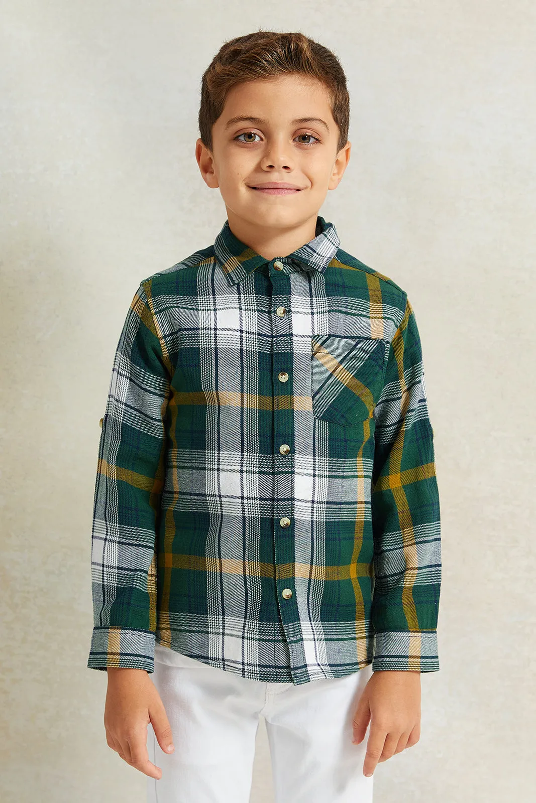 Boys Green And White Check Long Sleeve Shirt With T-Shirt Set