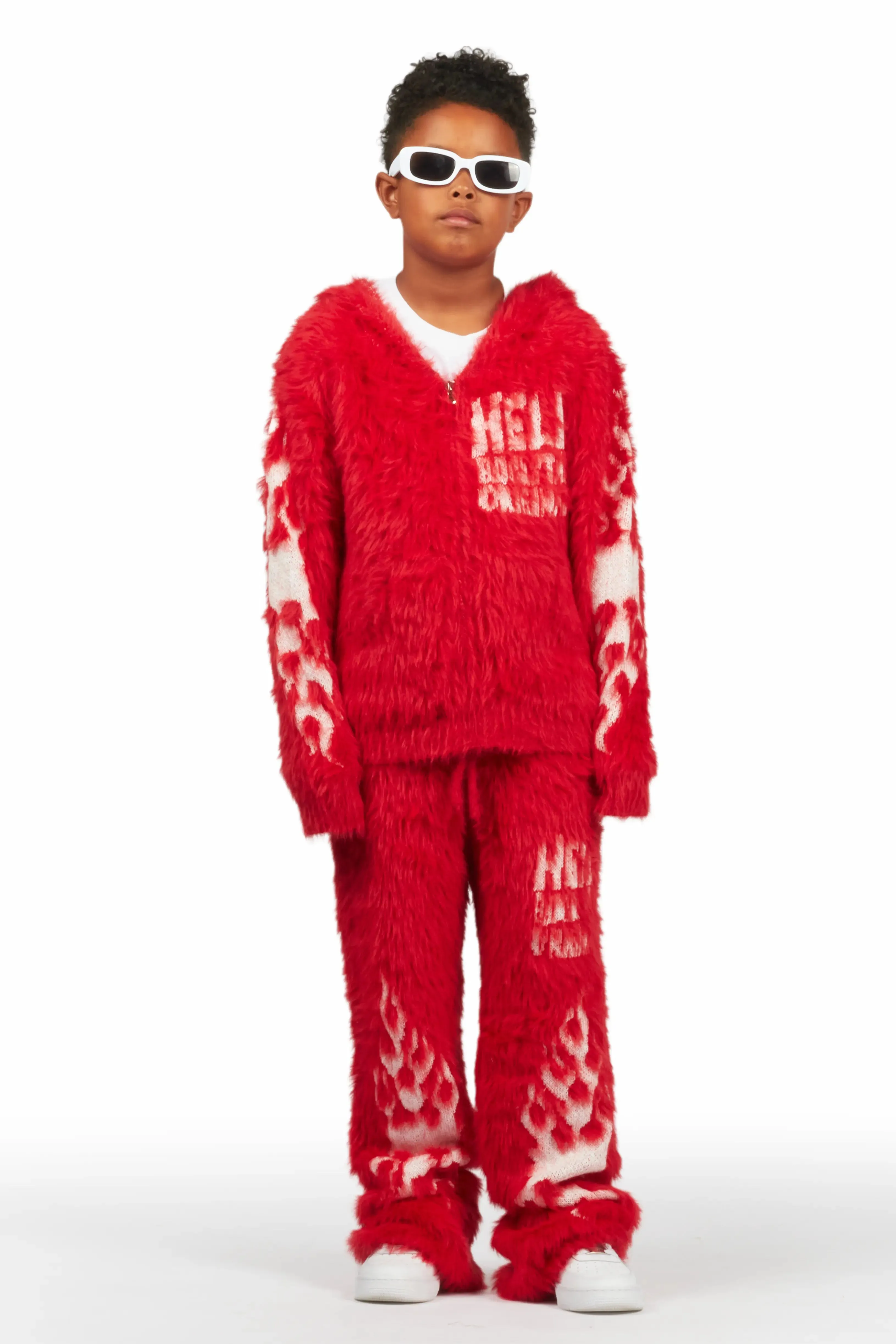 Boys Toshio Red Stacked Flare Knitted Mohair Track Set