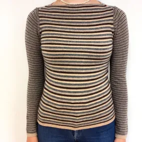 Brown Grey Stripe Cashmere Boat Neck Jumper Small