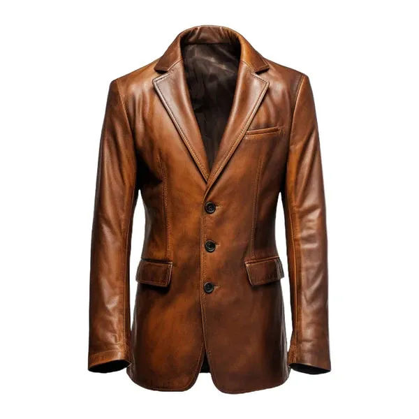 Brown Winter Round Cuffs Classic Leather Coat