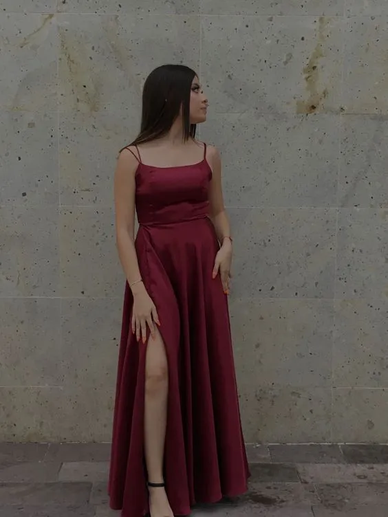 Burgundy Long Satin Prom Dresses     fg1872