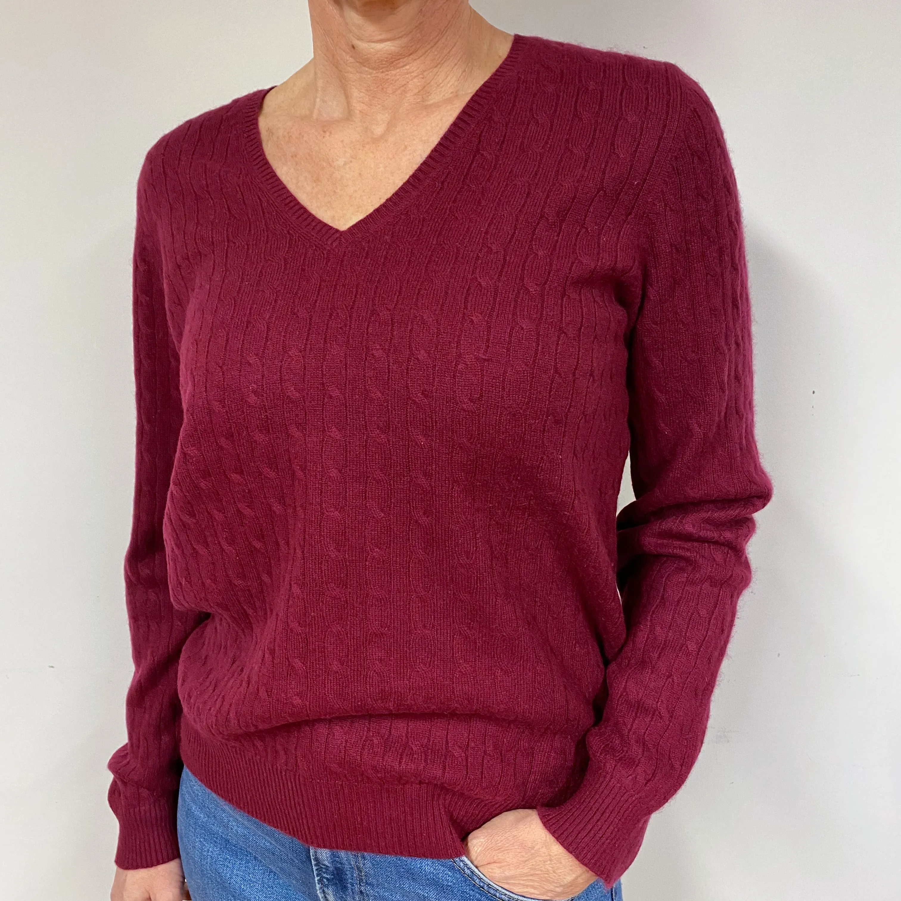 Burgundy Red Cable Cashmere V-Neck Jumper Medium