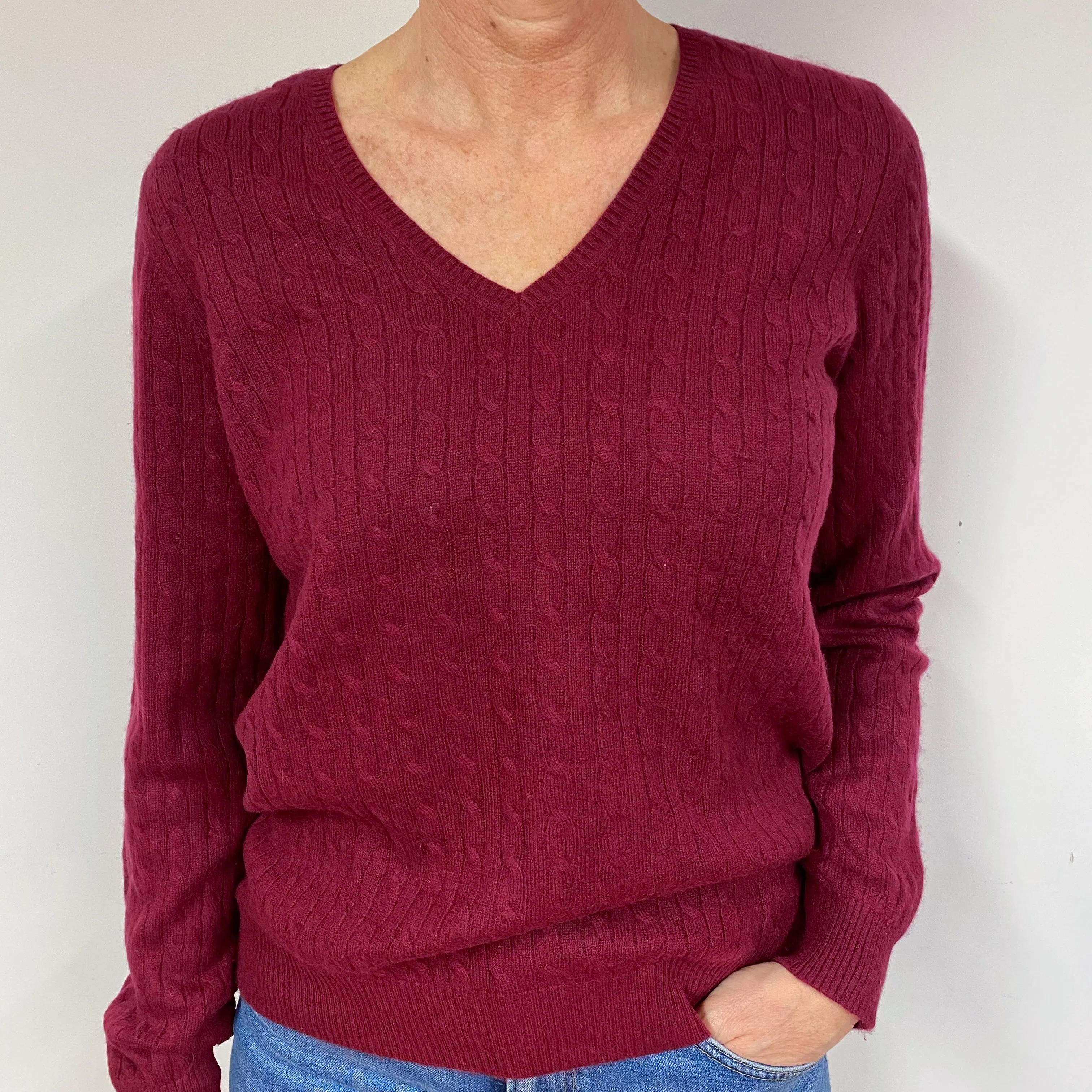 Burgundy Red Cable Cashmere V-Neck Jumper Medium