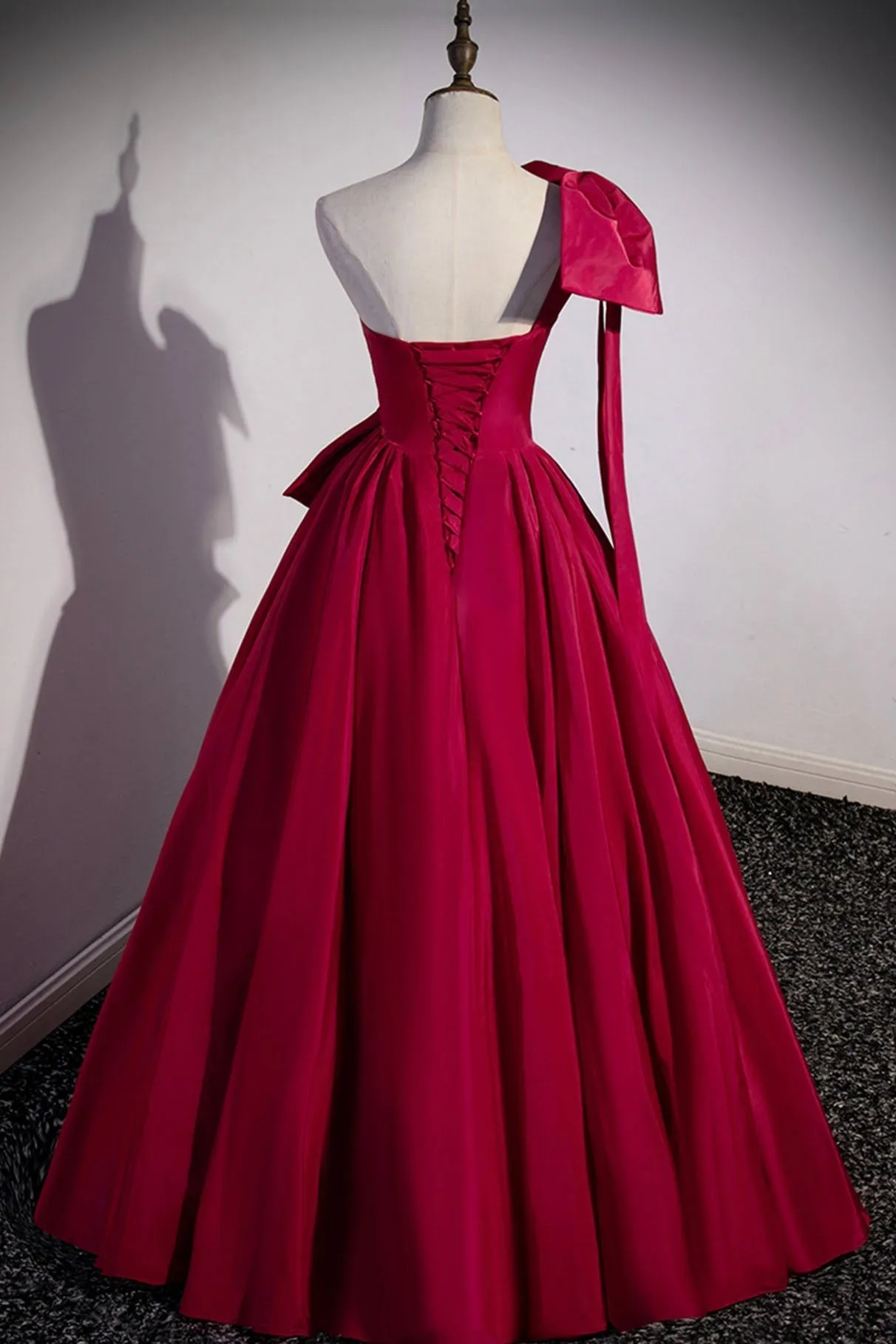 Burgundy Satin Long Prom Dress, One Shoulder Evening Dress with Bow