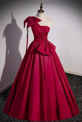 Burgundy Satin Long Prom Dress, One Shoulder Evening Dress with Bow