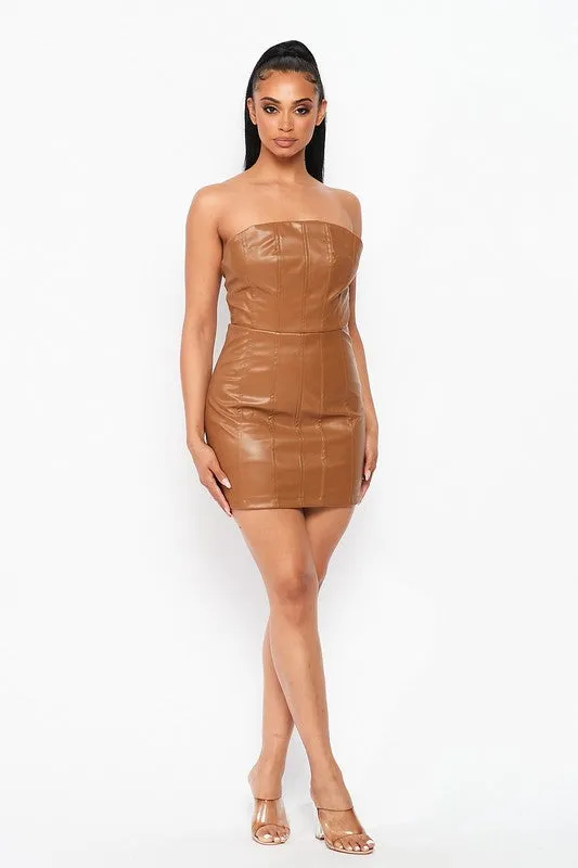 Café Latte Strapless Faux Leather Mini Dress