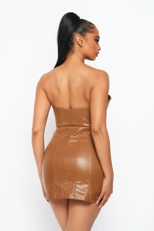 Café Latte Strapless Faux Leather Mini Dress