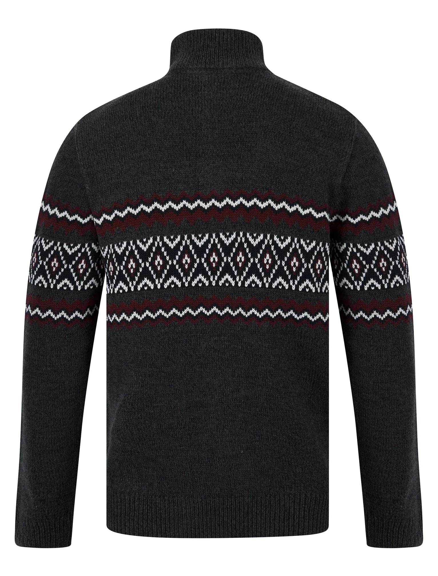 Casablanca Quarter Zip Fair Isle Knit Funnel Neck Jumper in Charcoal Twist  - Tokyo Laundry