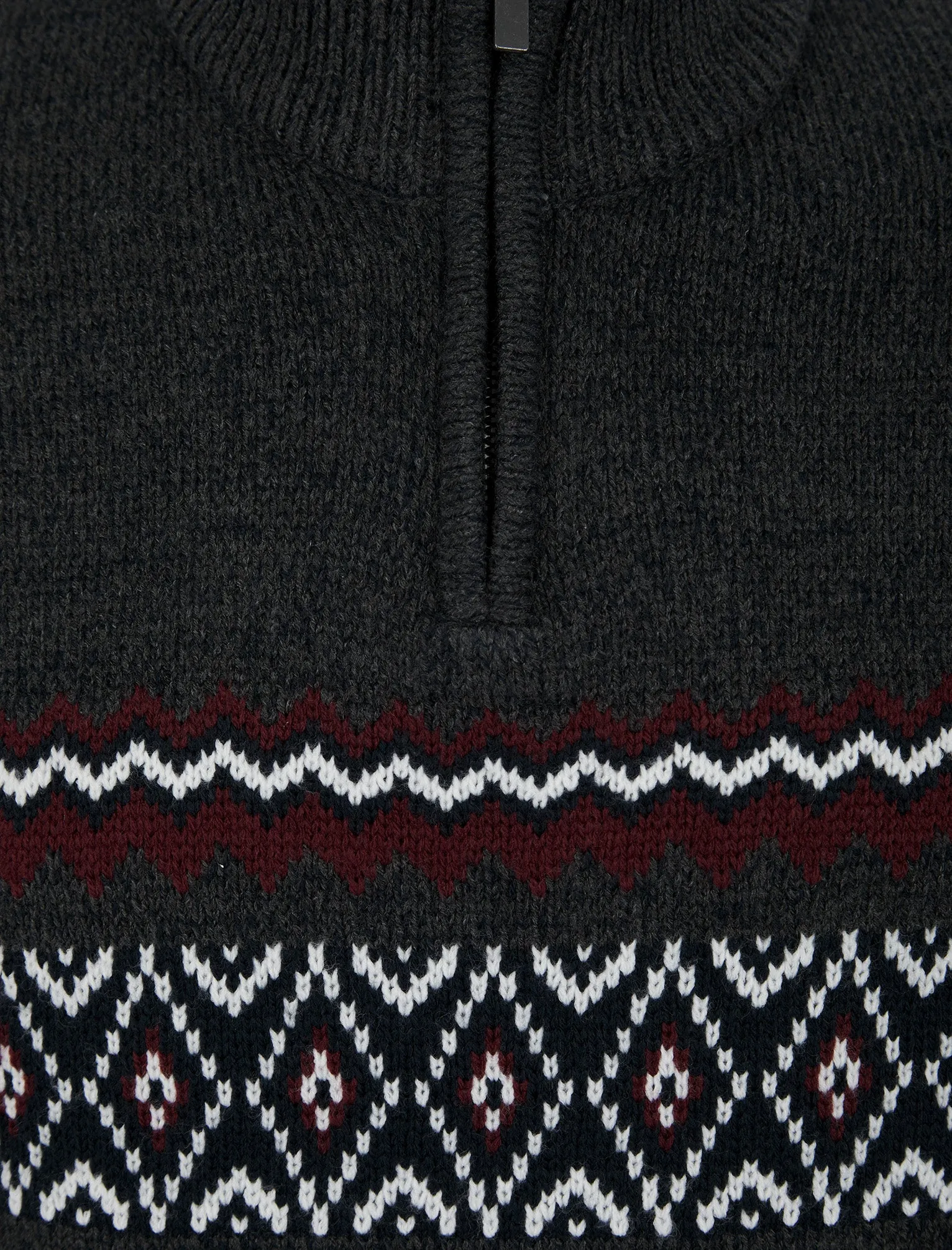 Casablanca Quarter Zip Fair Isle Knit Funnel Neck Jumper in Charcoal Twist  - Tokyo Laundry