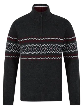 Casablanca Quarter Zip Fair Isle Knit Funnel Neck Jumper in Charcoal Twist  - Tokyo Laundry