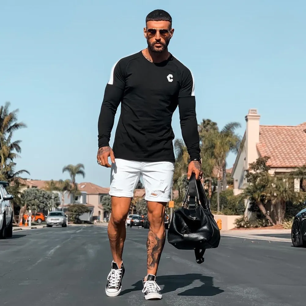 Casual Slim Long sleeves t shirt Men Gym Fitness Bodybuilding Cotton T-shirt Male Jogger Workout Black Tees Tops Fashion Clothes