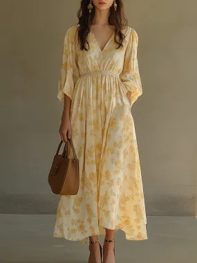 Casual V-neck Bohemian Yellow Floral Maxi Dress