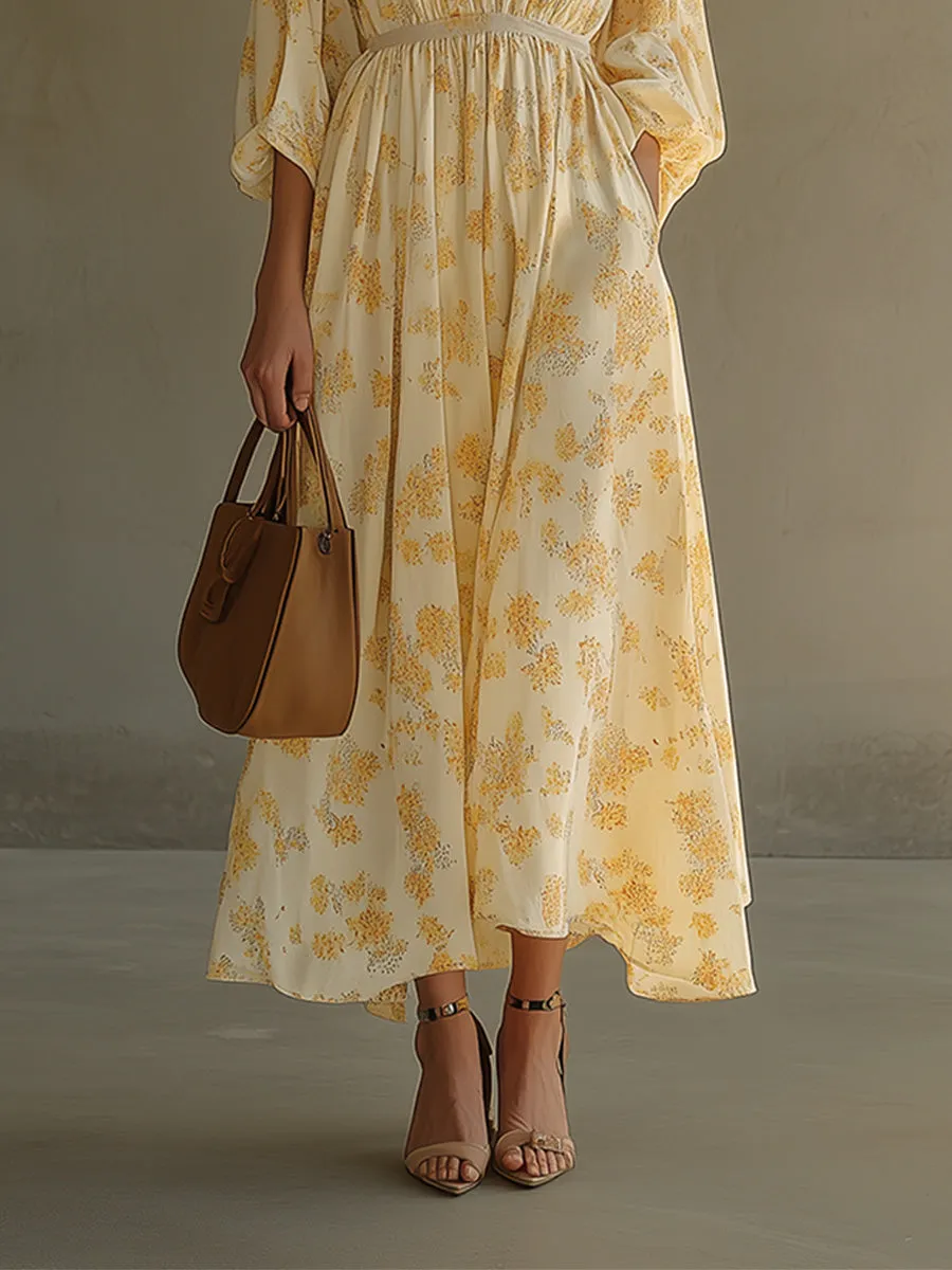 Casual V-neck Bohemian Yellow Floral Maxi Dress