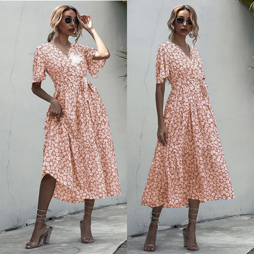 Casual V Neck Women Boho Style Summer Beach Long Dress