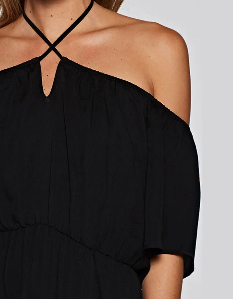 Challis Off the Shoulder Maxi Dress in Black