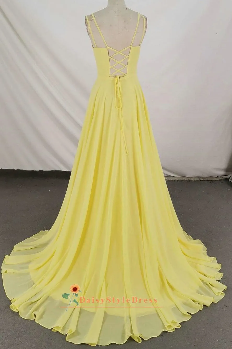 Cheap Floor Length Double Straps Yellow Prom Dress