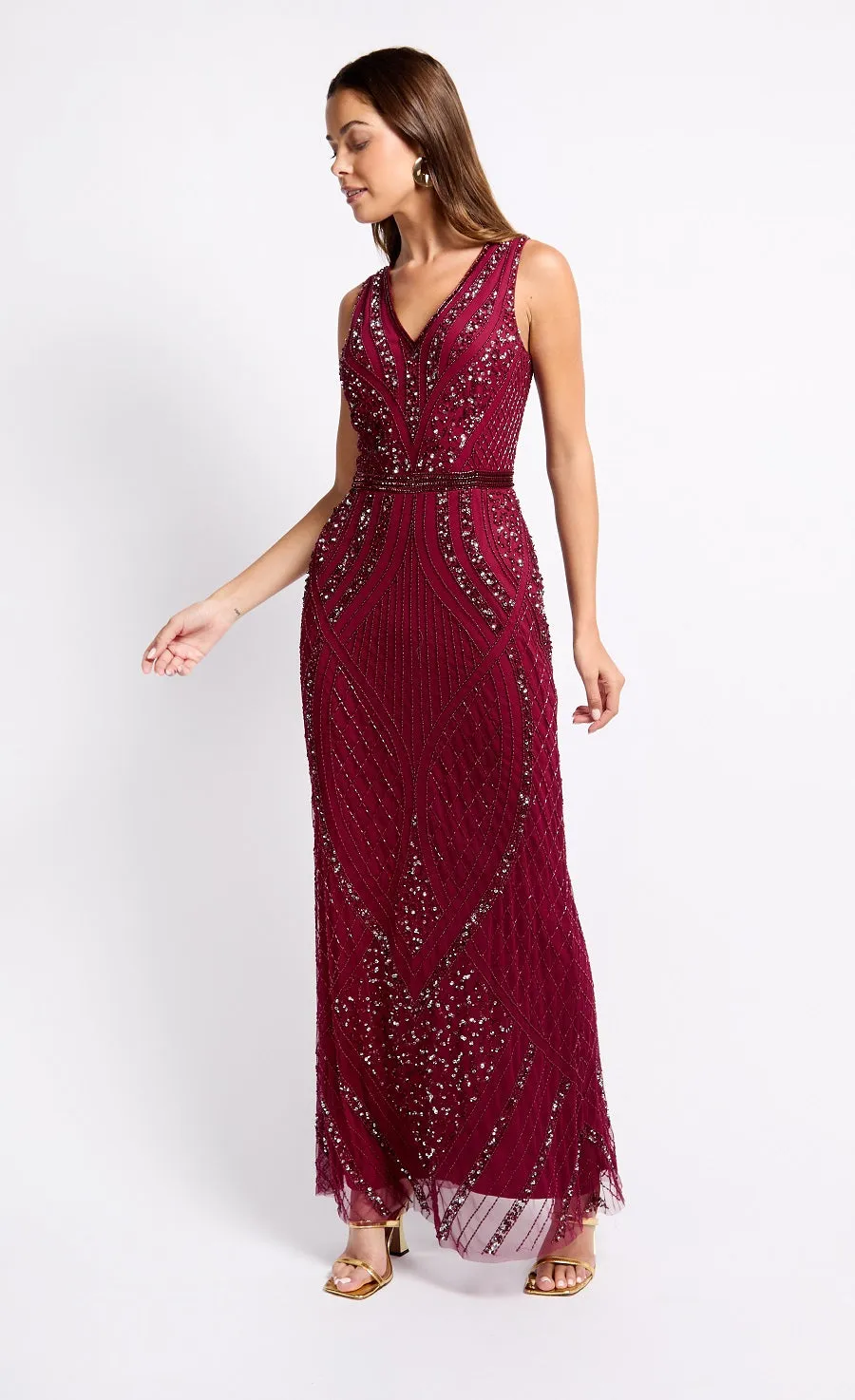 Cherry Red Embellished Deco Maxi Dress