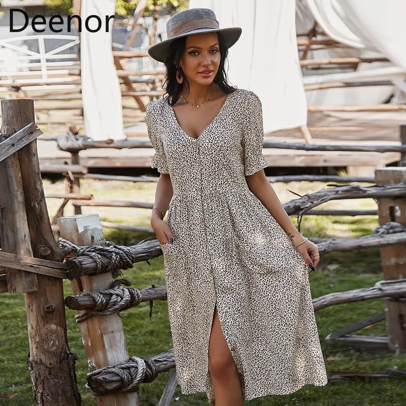 Chic Polka Dot Chiffon Dress with V-Neck and Short Sleeves