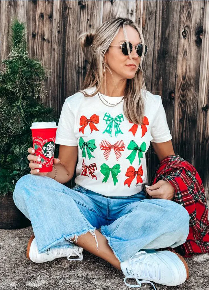 Christmas Bow Tee in Natural by Prickly Pear TX