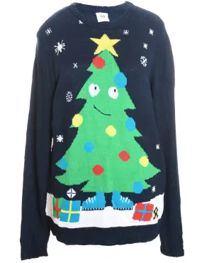 Christmas Tree Design Navy Christmas Jumper - XL