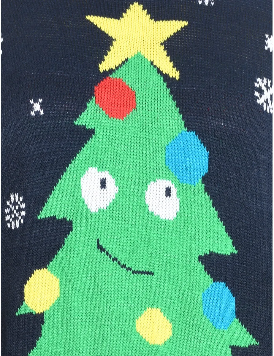 Christmas Tree Design Navy Christmas Jumper - XL