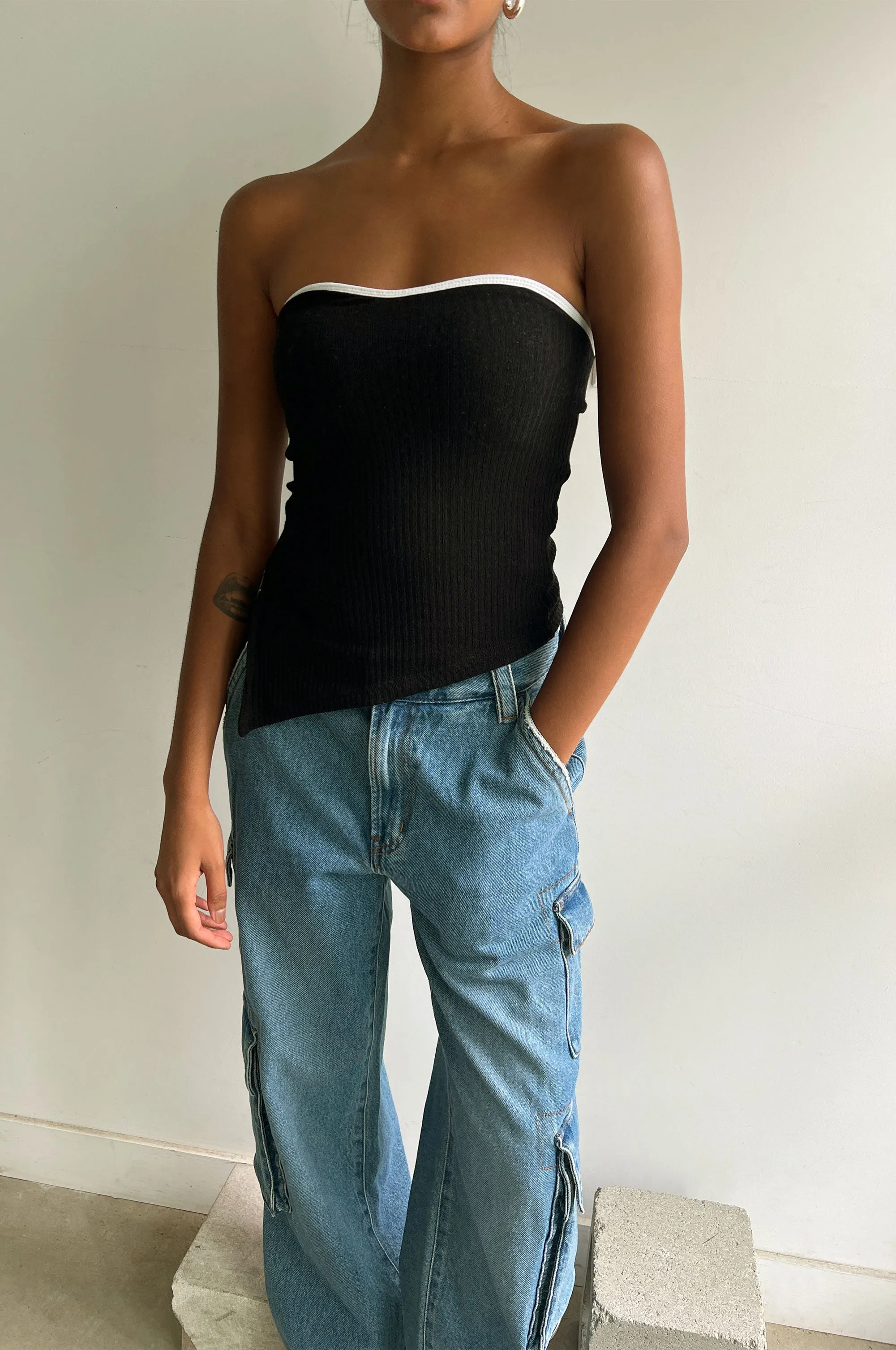 CONTRAST TRIM ASYMMETRICAL TUBE TOP