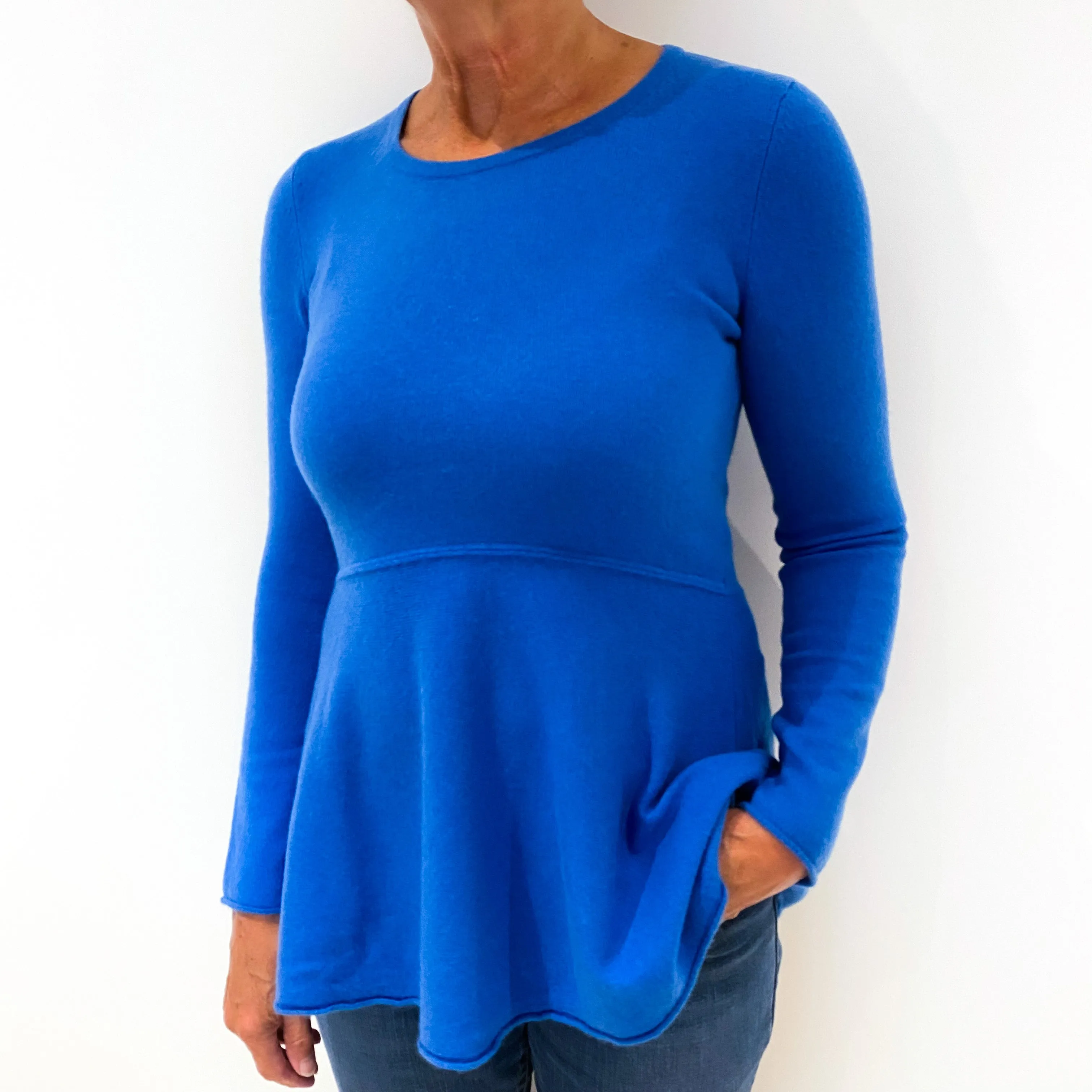 Cornflower Blue Peplum Hem Cashmere Crew Neck Jumper Medium