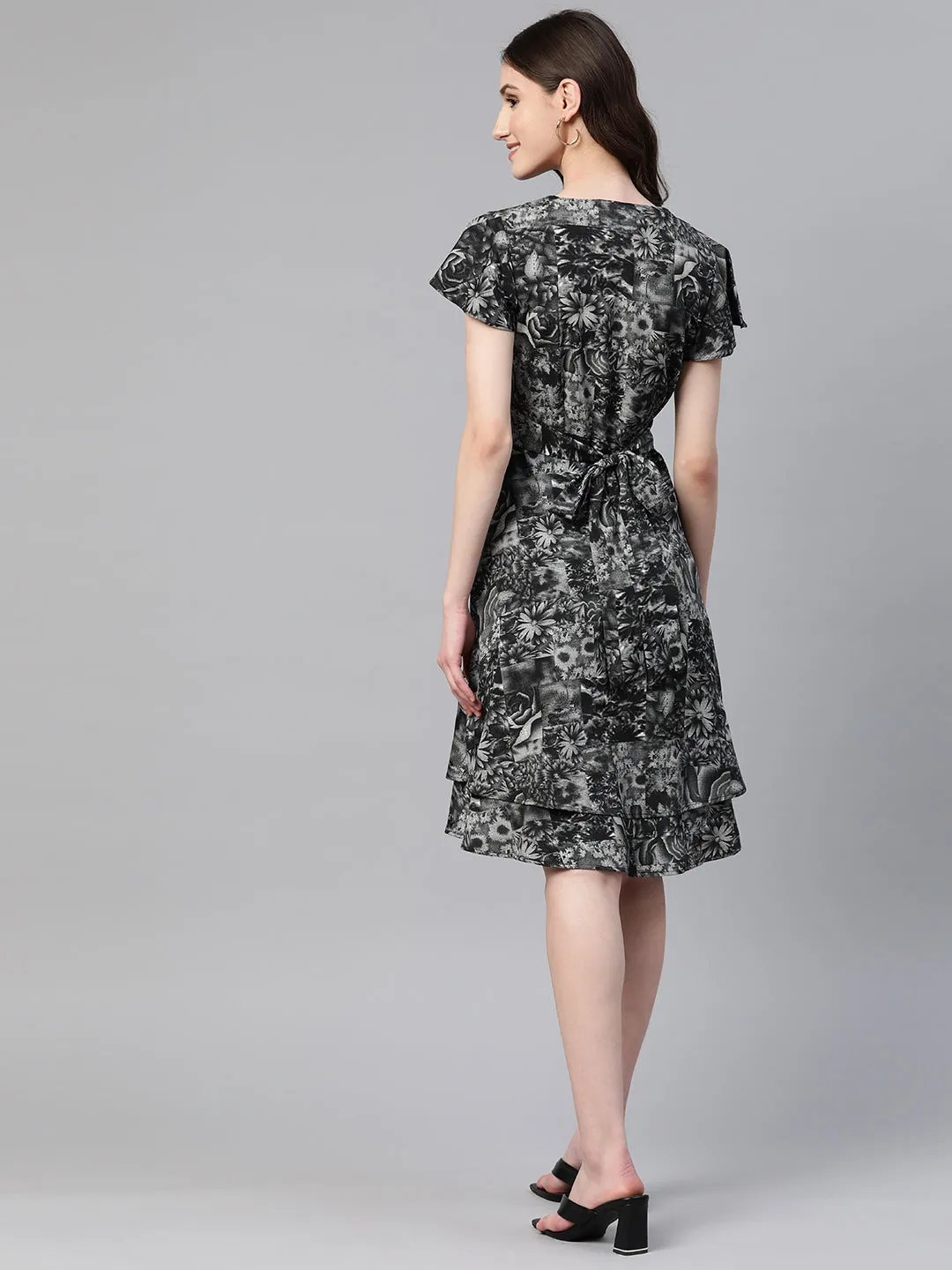 Cottinfab Floral Print Flared Sleeves Layered Crepe A-Line Dress