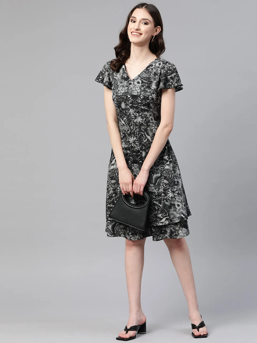 Cottinfab Floral Print Flared Sleeves Layered Crepe A-Line Dress