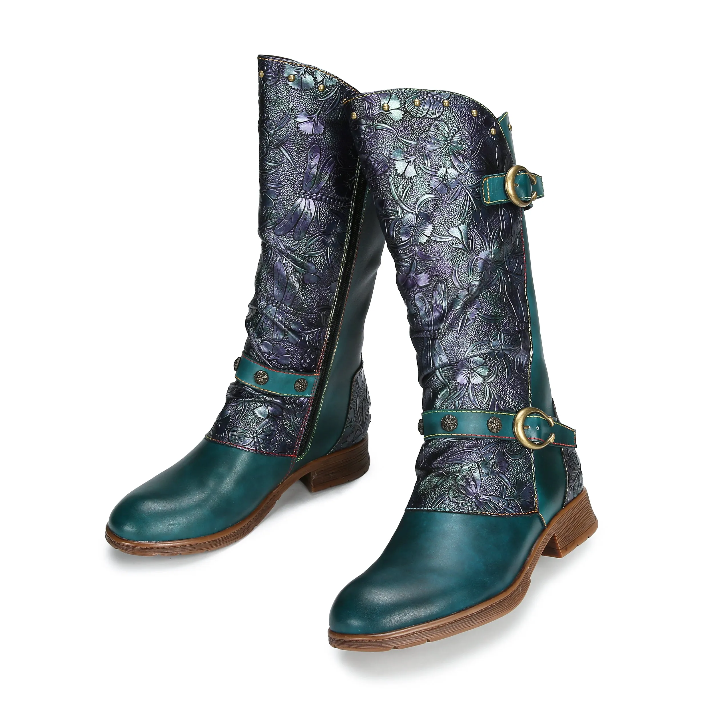 CrazycatZ Womens Leather Bohemian Knee High Boots Patterned Long Boots Vintage Boots Green