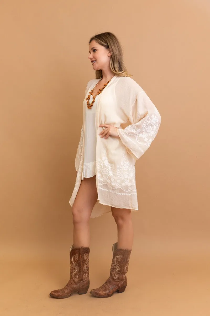 Cream Embroidered Floral Vine Lightweight Long Sleeve Kimono Wrap Top One Size