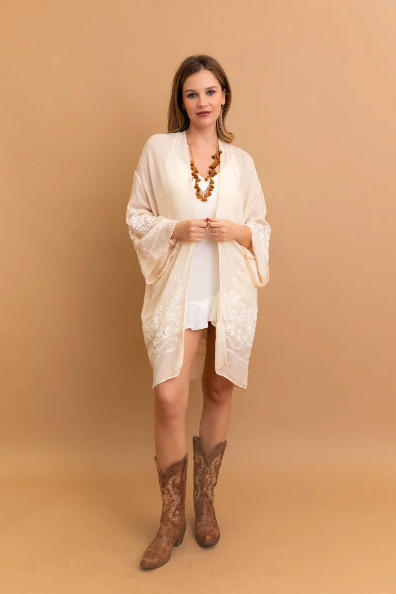 Cream Embroidered Floral Vine Lightweight Long Sleeve Kimono Wrap Top One Size