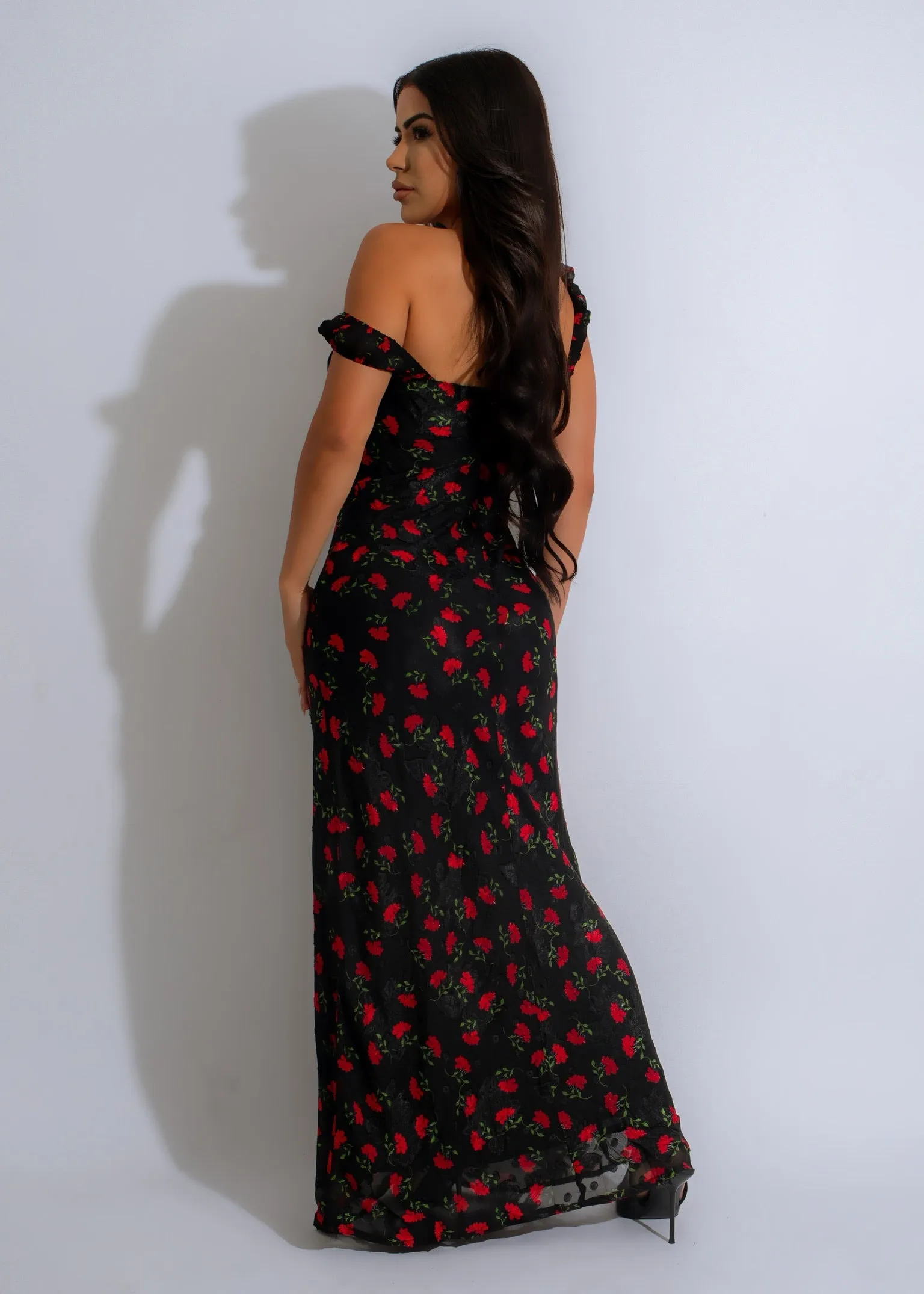 Crimson Blooms Maxi Dress Black