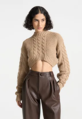 Cropped Cable Knit Jumper - Beige