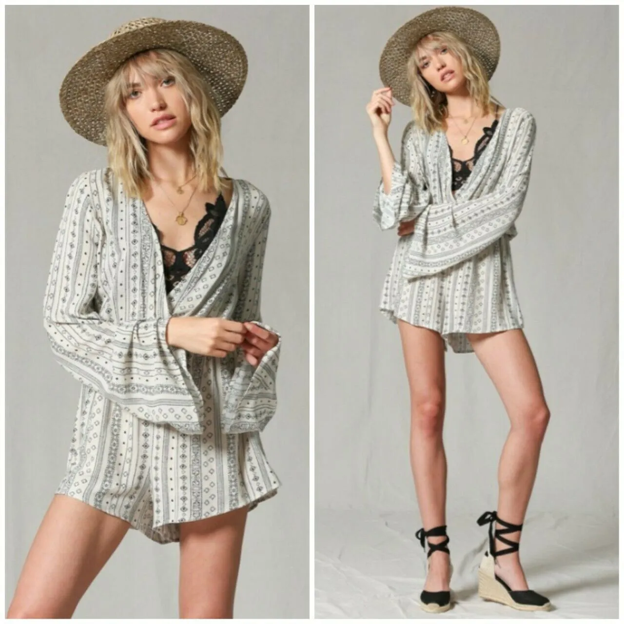 Cross Wrap Front V Neck Long Sleeve Boho Romper Womens Casual S M L