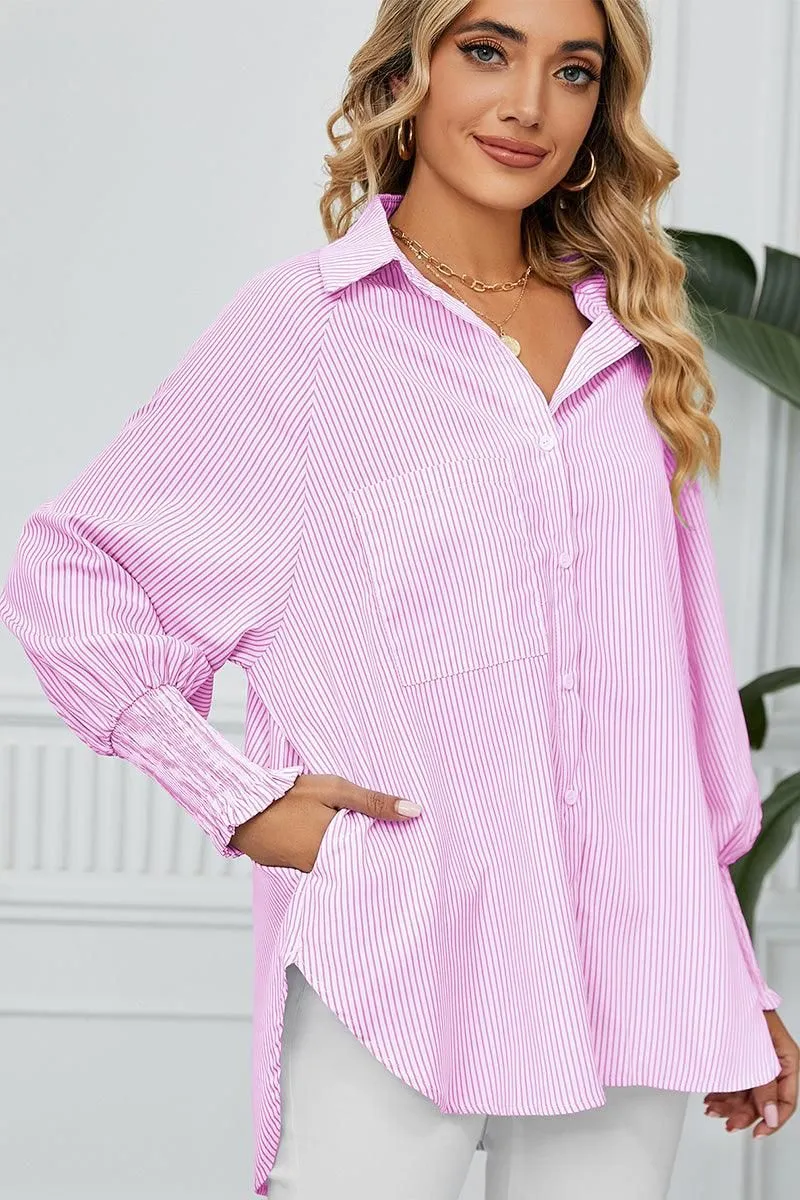 CUFF DRAW PLEATED LOOSE STRIPE COLLAR SHIRTS