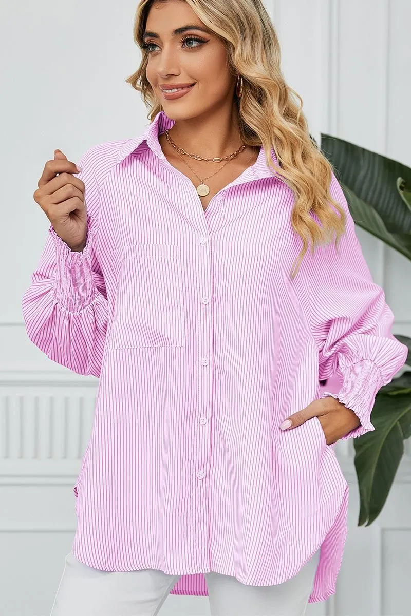 CUFF DRAW PLEATED LOOSE STRIPE COLLAR SHIRTS