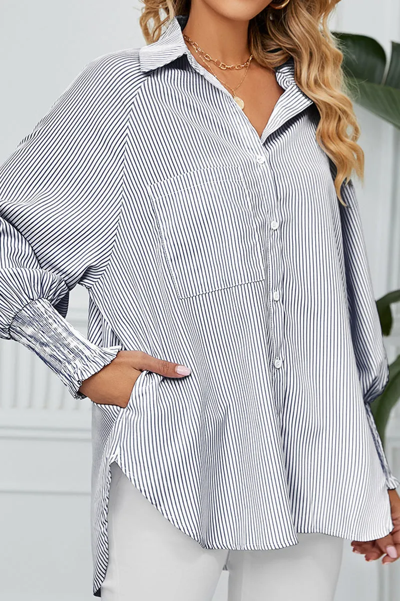 CUFF DRAW PLEATED LOOSE STRIPE COLLAR SHIRTS